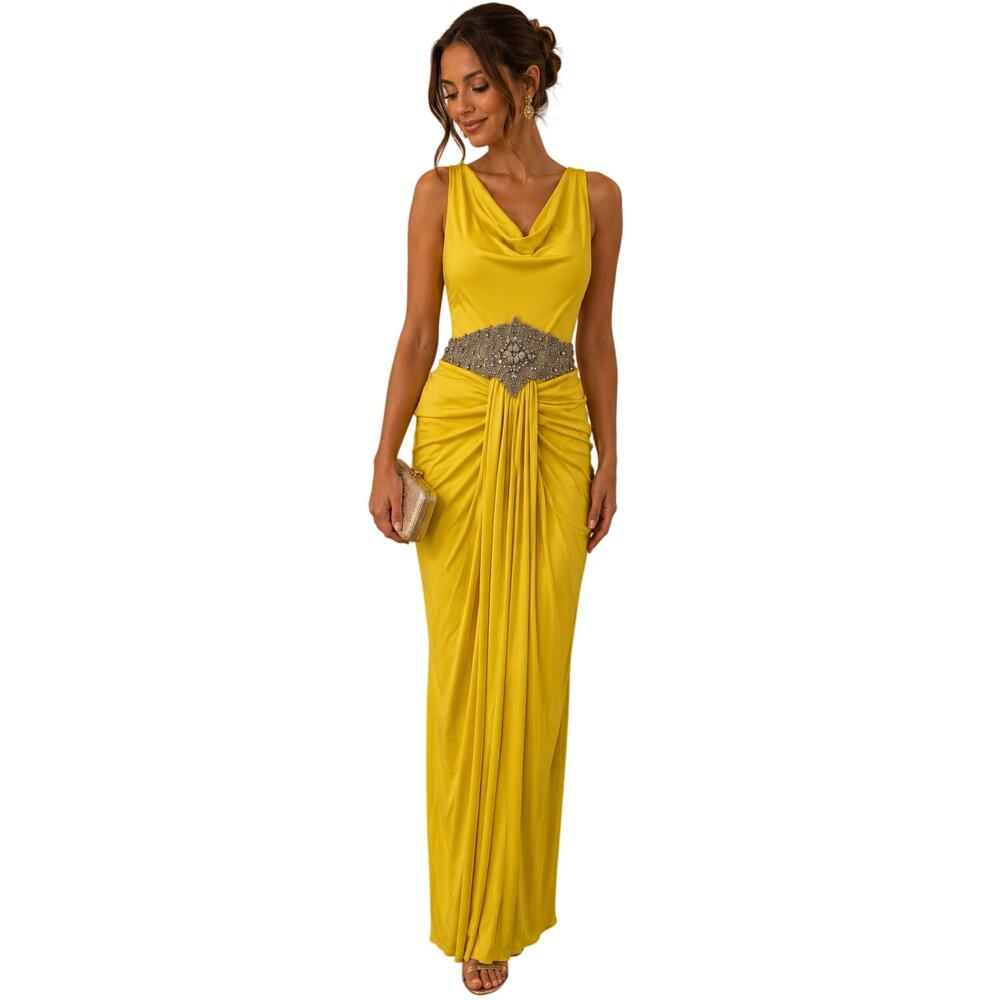 Nicole Bakti Crystal Embellished Draped Evening Gown Yellow Women's Size Small